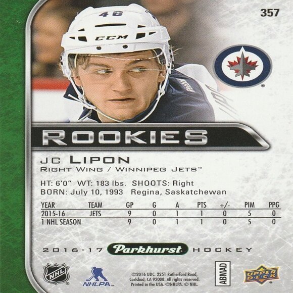 JC Lipon - 2016/2017 Parkhurst Hockey Rookie Card - Picture 2 of 2